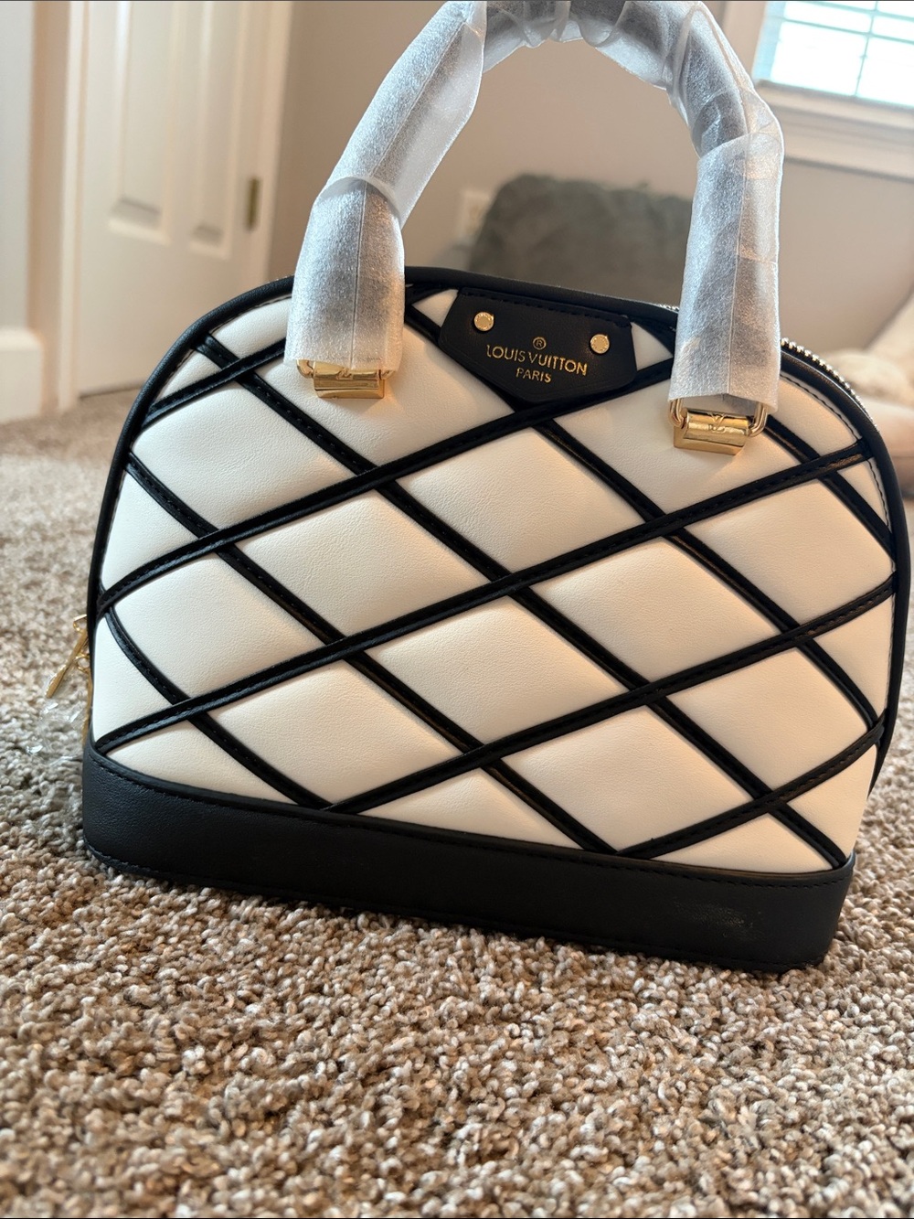 Louis Vuitton White and Black Quilted Dome Satchel with Gold Hardware